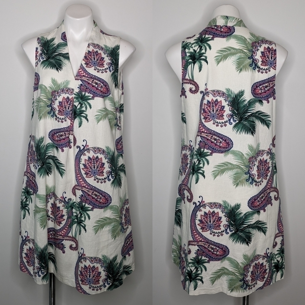 Tommy Bahama white green pink blue paisley linen blend sleeveless dress M